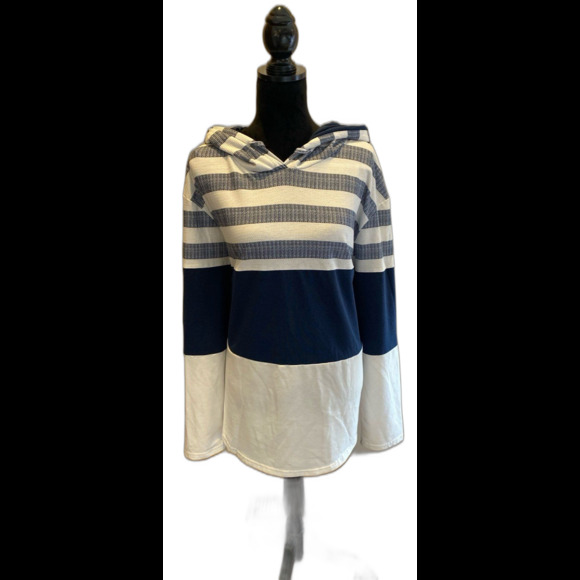 Hooded Sweatshirt Hoodie Womans Color Block Navy White Stripes Plus Size 2XL - Picture 3 of 10